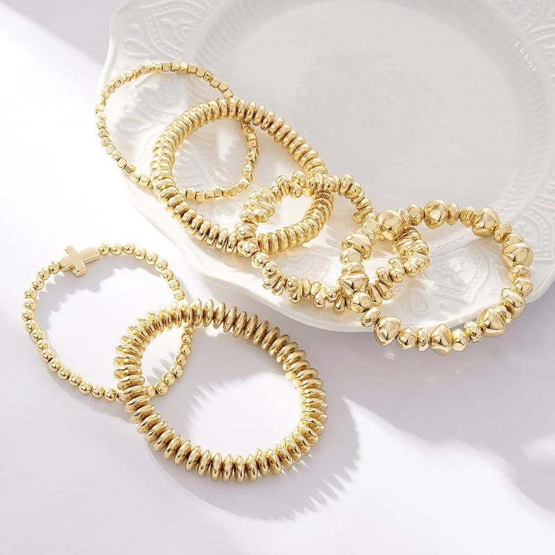 GOOJIDS Surfer Heishi Clay Bead Bracelets for Women Bohemian Stackable Gold Plated Beaded Stretch Bracelets Elastic Layering Friendship Bracelets Set Boho Jewelry - Image 3
